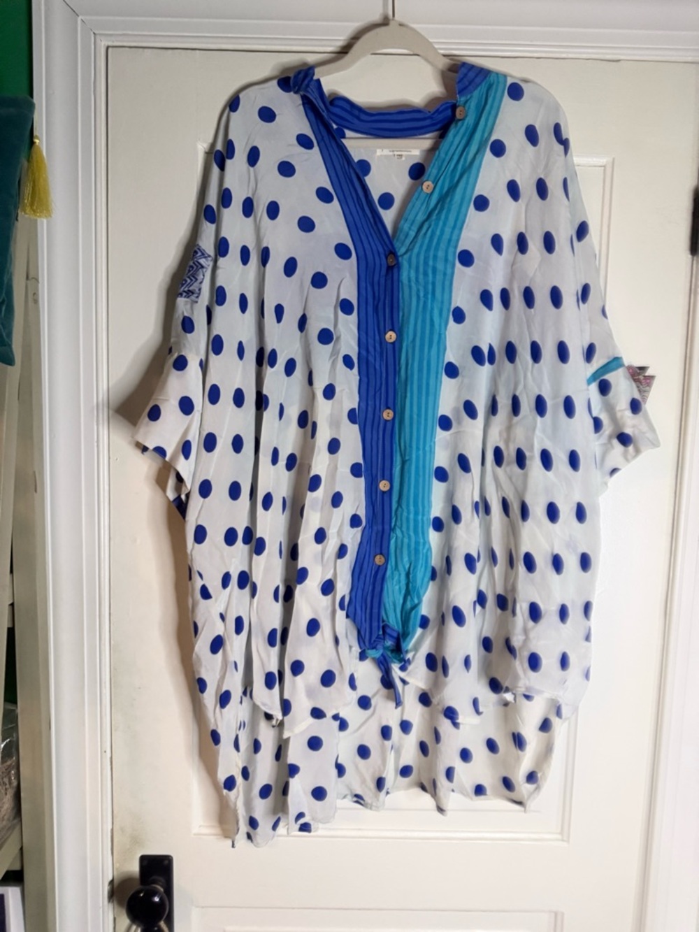 Kantha Bae Silk Polka Dot Button-Front Blue & White Women's Top
